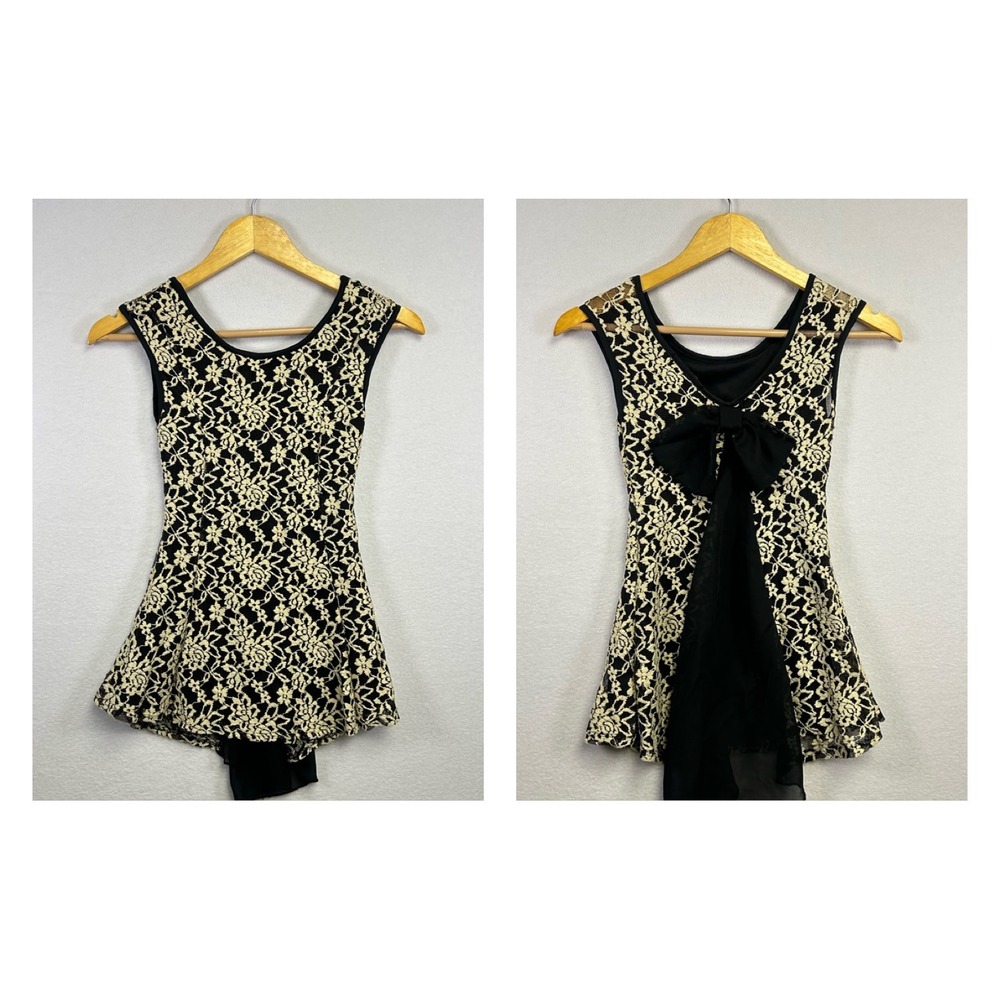julie's closet Black Top with Cream Lace Overlay and Back Bow